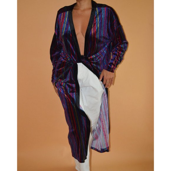 Nostalgic Striped Velvet Robe Dress - Picture 4 of 5